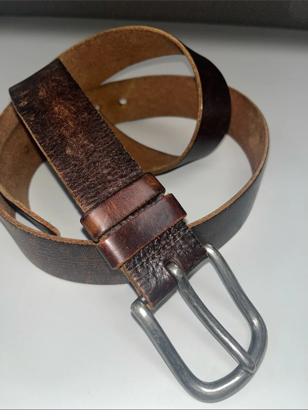 Source Unknown Distressed Brown Leather Belt with Silver Buckle